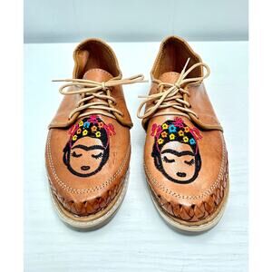 NEW La Santa Ant Mexican Brown Leather Lace Up Braided Shoes with Frida Kahlo